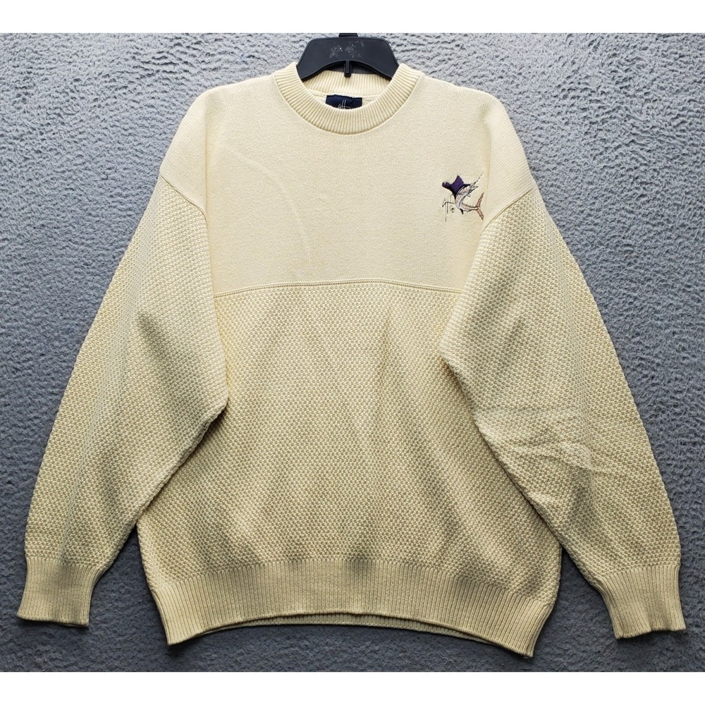Vtg Guy Harvey Sweater Mens Large Yellow‎ Chunky Knit Embroidered Marlin Fish
